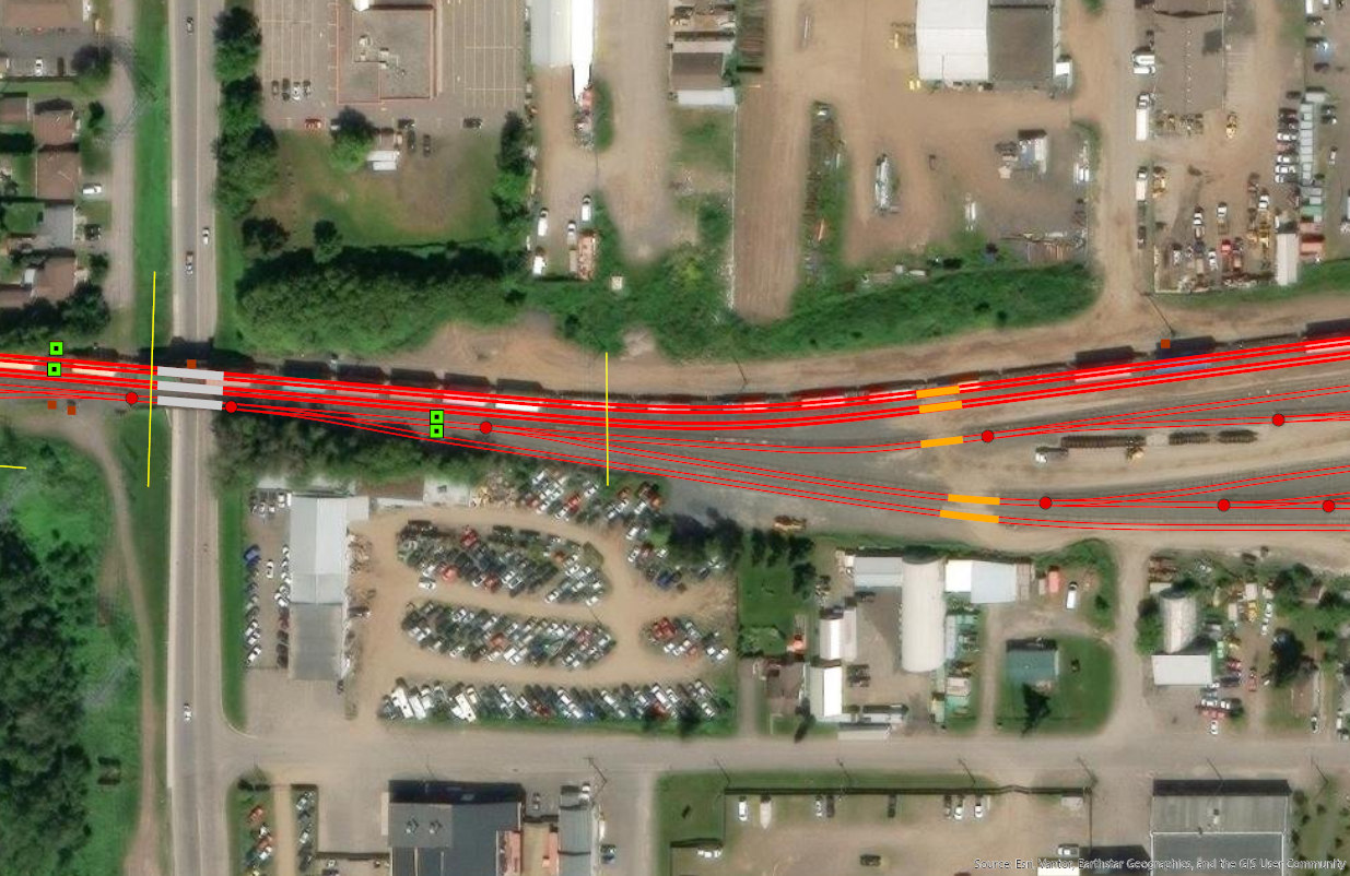 Satellite map of town with rail routes