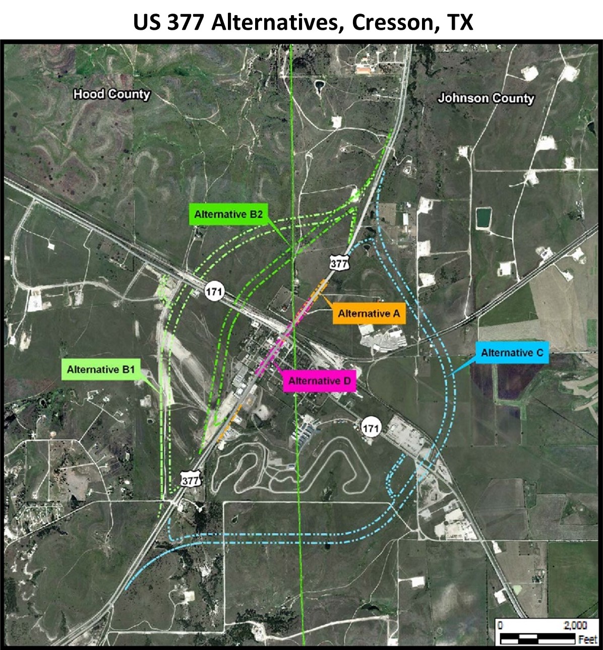 US 377 build alternatives map