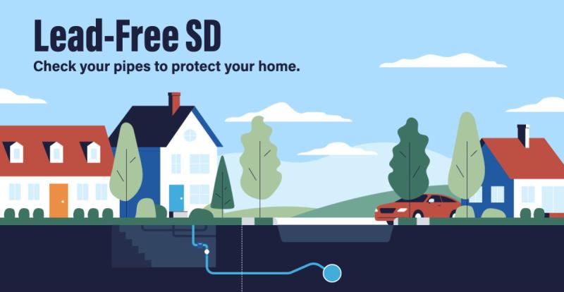 Graphic of street with pipes underground and text that reads "Lead-Free SD"