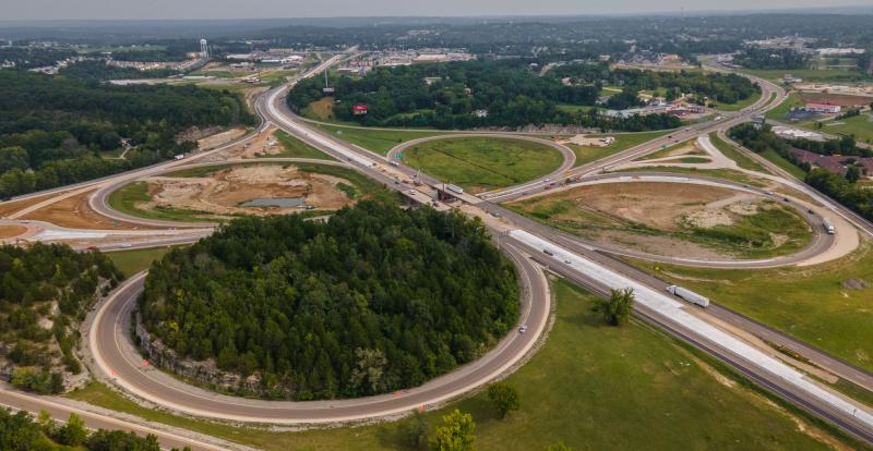 I-55 Interchange and roadway improvement project aerial photo in Illinios near St. Louis