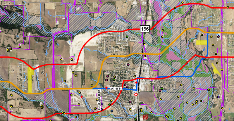 constraints map showing roads and interstates. Certain roads are marked with red and orange lines