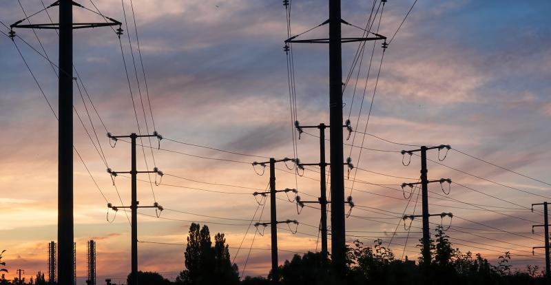 photo of power transmission lines at sunset with vegitation