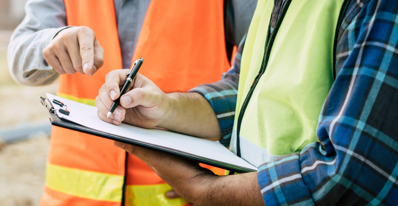Two people wearing high-visibility safety vests review a clipboard, with one person pointing at the paper while the other writes with a pen.